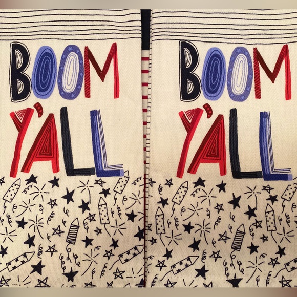 Rae Dunn Happy Camper Patriotic Sign & Patriotic Boom Y’all Kitchen Towels Set - Picture 11 of 15